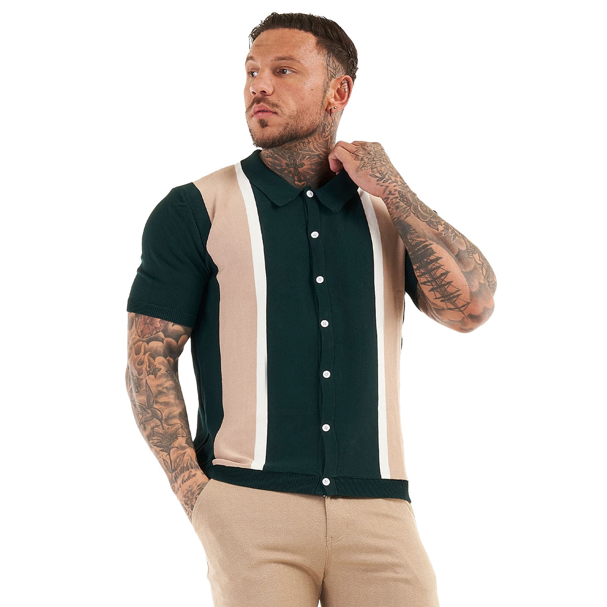 PREMIUM SHORT SLEEVE SLIM FIT POLO - GREEN/CREAM/WHITE